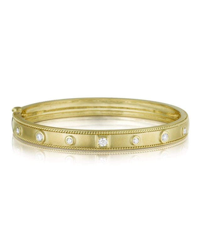 18K Gold Bangle with Round & Square Diamond Stations